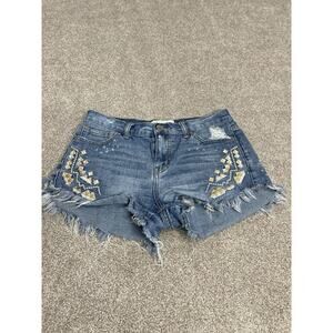 Festival Boho Free People Tribal Embroidered Jean Shorts 26 High Rise Frayed Hem